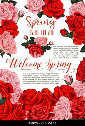 Spring is in Air time poster of red flowers or Hello Spring wish card for seasonal holiday design. Vector springtime blooming garden roses and flouris Stock Vector