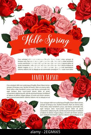 Hello Spring floral poster for springtime greeting card or season holiday wishes. Vector red roses and pink flowers bunches of blooming garden blossom Stock Vector