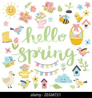 Hello spring lettering with cute birds, bees, flowers, butterflies. Hand drawn flat cartoon elements. Vector illustration Stock Vector