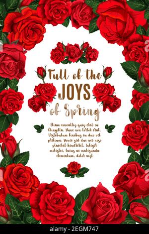 Spring time poster or red roses bunch in floral ornate frame for springtime greeting card and season holiday wishes. Vector design of red roses buds a Stock Vector