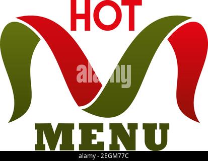 Emblem of hot menu. Sign for cafe or restaurant design in colors of the Italian flag. Vector logo for menu in restaurant. Red and green colors logo is Stock Vector