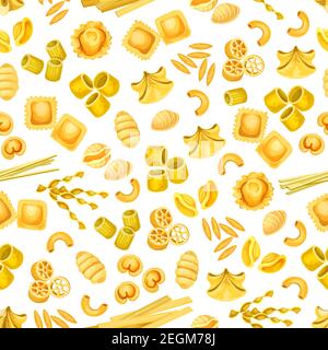 Italian pasta seamless pattern background with mediterranean food. Italian macaroni, spaghetti and rigatoni, penne, fusilli and fettucini, ravioli, gn Stock Vector