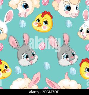 Seamless vector pattern with Easter concept. Heads of cute rabbits, lambs and chickens. Colorful illustration isolated on turquoise background. For pr Stock Vector