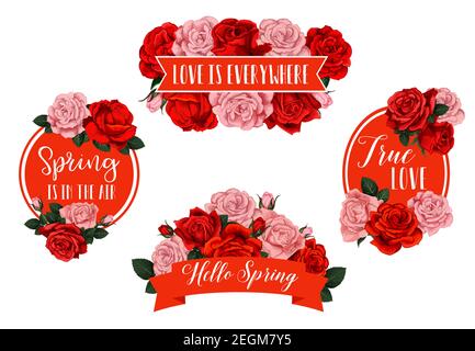 Hello Spring time season holiday greeting wish icons of red flowers bunches. Vector isolated set of blooming garden roses and flourish blossoms bunch Stock Vector