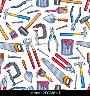 Repair work tool seamless pattern background with construction equipment. Screwdriver, hammer and pliers, brush, paint and trowel, screw, nail and cut Stock Vector