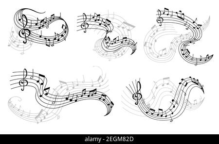 Music icons of musical staff or music stave notes and clef. Vector set of musical notes on staff for jazz club or classical opera concert and orchestr Stock Vector