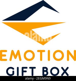 Abstract logo emotion gift box. Vector logo for event company. Design sign in yellow and dark blue colors isolated on white background. Concept of gif Stock Vector