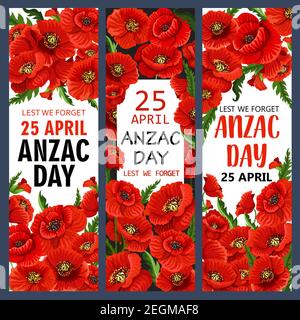 Anzac Day poppy flowers banners for Lest We Forget of Australia and New Zealand war commemoration. Vector red flowers symbols for freedom and peace or Stock Vector