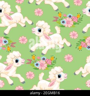 Seamless vector pattern with spring concept. Cute cartoon character white lamb and flowers. Colorful illustration isolated on green background. For pr Stock Vector