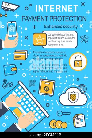Internet payment protection and online secure technology for financial transaction. Vector thin line computer or smartphone with user fingerprint acce Stock Vector