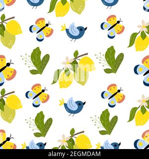 Seamless pattern of cute cartoon bird, butterfly Stock Vector