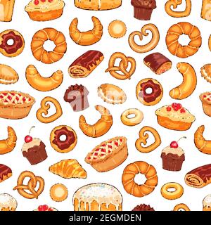 Bread and pastry desserts seamless pattern. Vector sketch background of baked patisserie, flour bag, wheat loaf and rye bagel or croissant baguette an Stock Vector