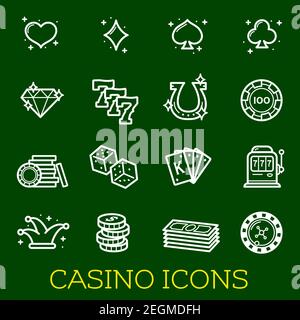 Casino gambling and poker vector thin line icons Vector jackpot and bingo symbols of dice, playing cards and money coins, joker cap and lucky horsesho Stock Vector