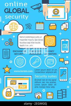 Online global security and internet network privacy in thin line poster. Vector technology of personal data protection and secure payment transaction Stock Vector