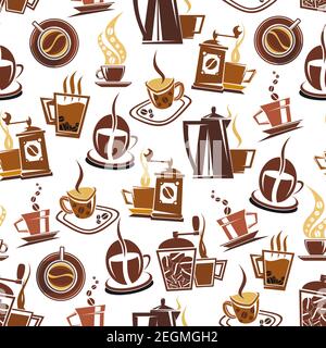 Coffee makers, cups and beans seamless pattern. Vector background of espresso, americano or cappuccino and hot chocolate mug for cafe or cafeteria and Stock Vector