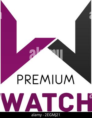 Premium watch logo in magenta and black colors. Symbol of premium quality attribute. Abstract sign for corporate brand. Concept of luxury and VIP. Bra Stock Vector
