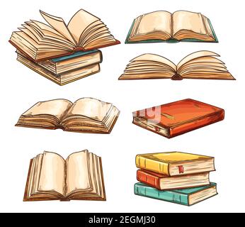 Colored books set. Open book with empty pages. Concept for education and study, knowledge and school. Set of book icons isolated on white background. Stock Vector