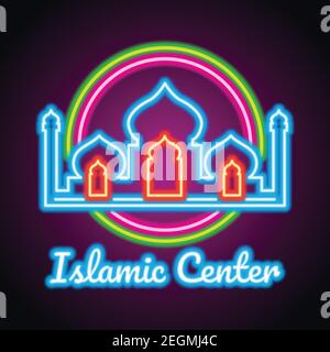 masjid or islamic centre neon sign for Muslims Pray. vector illustration Stock Vector