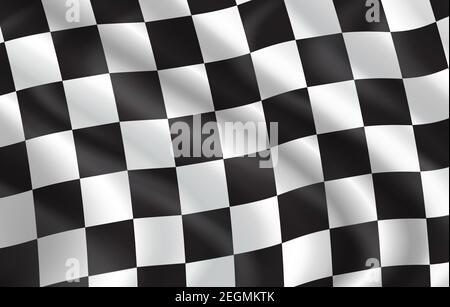 Checkered flag for car racing or rally club. Vector 3D checkered pattern background of white and black squares on waving flag for sport club or bike r Stock Vector