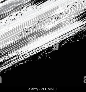 Tire tracks, car or road truck wheels speed on dirt, vector tyre print pattern background. Motorcycle or cart truck tire tracks and traces, black dirt Stock Vector