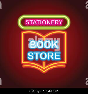 stationery and book store neon sign for stationery and book advertisement. vector illustration Stock Vector