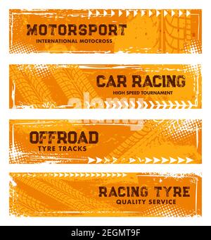 Tyre tracks, off road tire prints, grunge vector car racing treads with dotted spots or marks. Rally, motocross bike protectors, vehicle, transportati Stock Vector