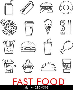 Fast food thin line icons of burgers, sandwiches or pizza and ice cream. Vector isolated Mexican tacos or burrito, chocolate donut or soda and chicken Stock Vector