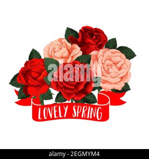 Roses flowers bunch icon for spring time seasonal holiday greeting card wishes. Vector isolated floral bouquet of blooming red and pink roses flowers Stock Vector