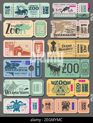 Zoo tickets vintage design of wild animals and fish. Vector retro admit tickets for zoological park or oceanarium of African giraffe, ocean monster wh Stock Vector