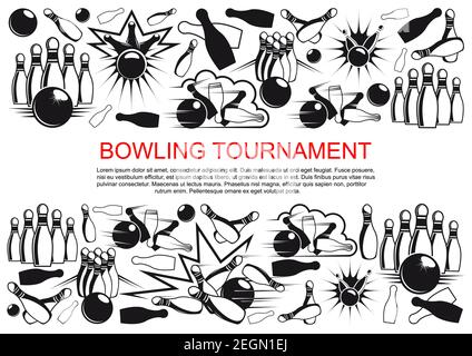 Bowling tournament poster of balls and pins with strikes shots. Vector line icons design for bowling sport club championship of player competition eve Stock Vector