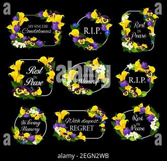 Funeral frames with spring flowers wreath. Funereal vector cards decor with yellow calla lily, pansy and jasmine flowers, crocus, blue viola or gerani Stock Vector