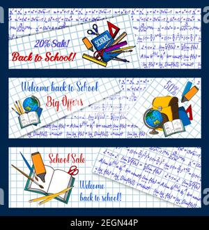 Back to School sale banners of mathematics formula on notebook checkered background. Vector web design template of school bag, geography globe or biol Stock Vector