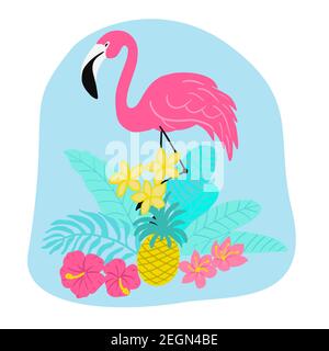 Bright image of pink flamingo, tropical flowers Stock Vector