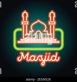 masjid or islamic centre neon sign for Muslims Pray. vector illustration Stock Vector