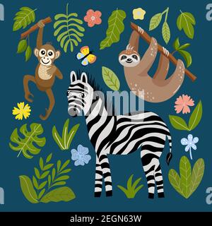 Set of tropical animals - zebra, monkey, sloth Stock Vector