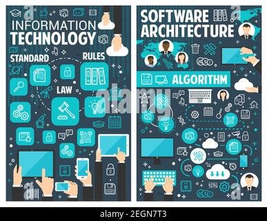 Information technology and computer software architecture brochure. Vector online or web cloud data icons for digital programming or user network shar Stock Vector