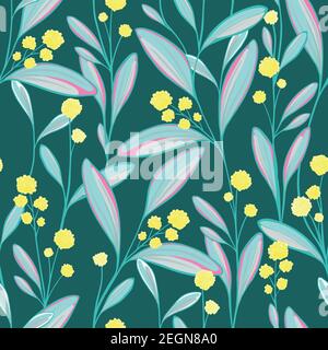 Inflorescences of yellow flowers in dense thickets of green leaves and twigs of grass on a green background. Hand-drawn seamless vector pattern. Squar Stock Vector