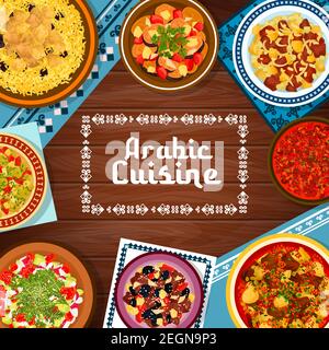 Arabic cuisine meat and vegetable meals banner. Lamb rice mansaf, tagine with plums and roast lamb with potatoes, tahini, grilled eggplant and fattous Stock Vector