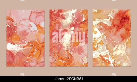 Luxury pink, red and gold marble flyers. Abstract background set. Alcohol ink technique vector stone textures. Creative paint with glitter. Template f Stock Vector