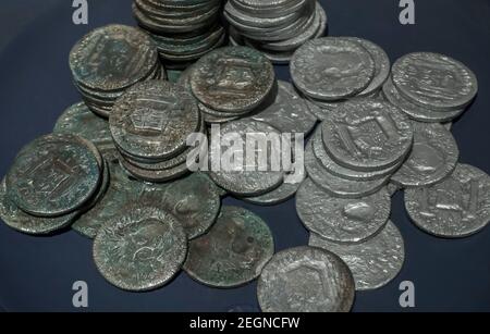 Coins salvaged from a sunken Spanish Galleon Stock Photo