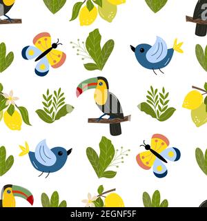 Seamless pattern of cute cartoon toucan, butterfly Stock Vector