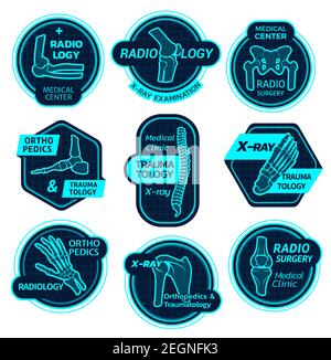 Orthopedics and traumatology icons of X-ray bones and joins for health center or radiology orthopedic clinic. Vector symbols of body joints and spine Stock Vector