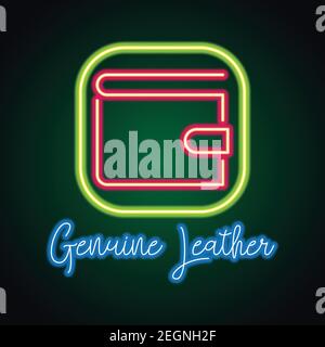 genuine leather neon sign for genuine leather leather store plank banner. vector illustration Stock Vector