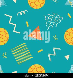 Memphis geometric shapes vector abstract seamless pattern background. Colorful waffle squares, triangles, circles, zig zag wavy lines on aqua blue Stock Vector