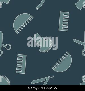 Barber shop tools vector seamless pattern background. Monochrome blue backdrop with scissors, shaving brush, comb, razor blade.Hairdressing equipment Stock Vector