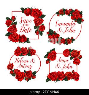 Save the Date floral frames of red roses flowers for engagement party invitation or Save the Date. Vector floral design with bride and bridegroom name Stock Vector