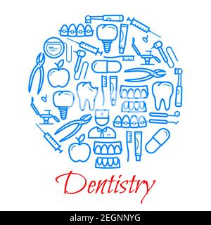 Dentistry poster of dental concept thin line icons. Vector design of dentist doctor with tooth, toothpaste or toothbrush and implants, pliers and medi Stock Vector