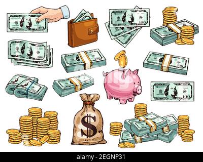 Money dollar banknotes and coins or piggy bank sketch icons. Vector set of 100 dollars money bank notes of hand with cash packs for payment or investm Stock Vector