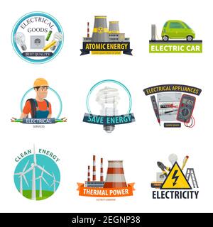 Electricity and power energy icons of electrician worker, eco car technology and light bulb. Vector thermal power plant and green energy windmill with Stock Vector