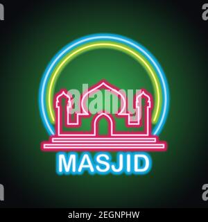 masjid or islamic centre neon sign for Muslims Pray. vector illustration Stock Vector